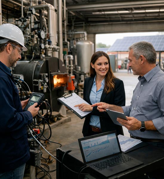 Equipe técnica em ambiente industrial avaliando sistemas energéticos